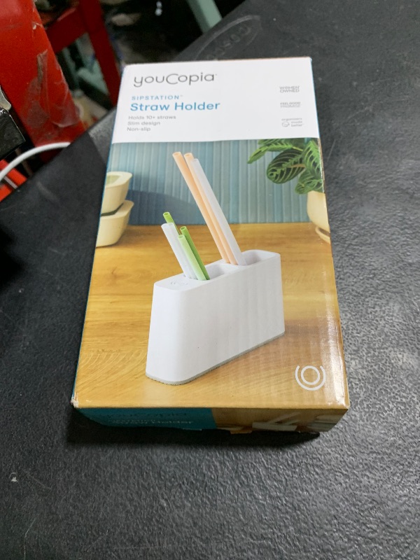 Photo 1 of YouCopia SipStation Straw Holder, Reusable Straw Organizer for Kitchen Storage, Speckled White