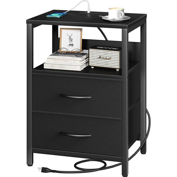 Photo 1 of Yoobure Nightstand with Charging Station, Small Night Stand with Fabric Drawers and Storage Shelf for Bedrooms, Small Spaces, Bedside Table with USB Ports & Outlets