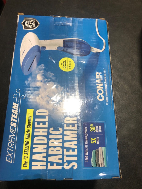 Photo 1 of Conair Handheld Garment Steamer for Clothes, ExtremeSteam 1200W, Portable Handheld Design,White/Blue