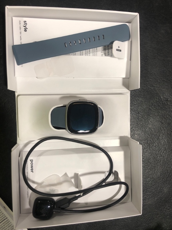 Photo 1 of Fitbit Versa 4 Fitness Smartwatch with Daily Readiness, GPS, 24/7 Heart Rate, 40+ Exercise Modes, Sleep Tracking and more, Waterfall Blue/Platinum, One Size (S & L Bands Included)