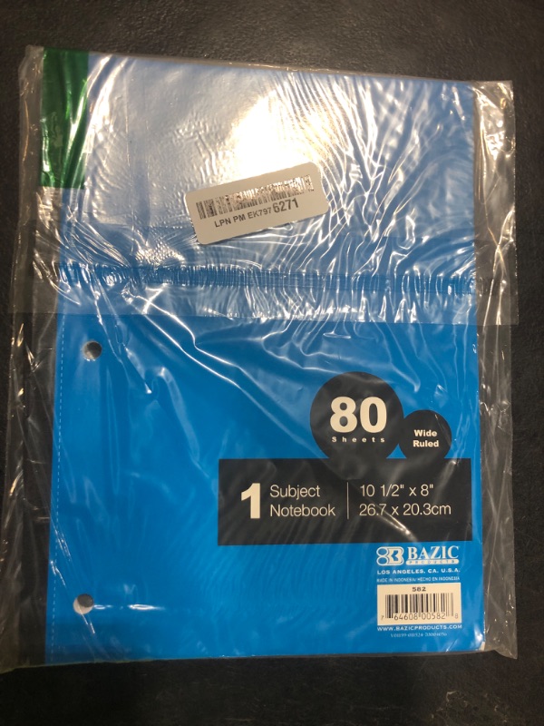 Photo 1 of BAZIC Notebook Wide Ruled 1 Subject 80 Sheets Wireless Notebooks, 3 Punched Holes Lined Composition Book, Assorted Color, 1 Unit, Random Color