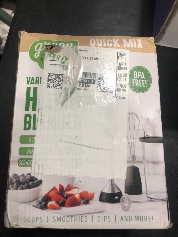 Photo 1 of GreenLife 500-Watt Immersion Electric Handheld Stick Blender with Stainless Steel Blades, Whisk, Frother, Measuring Cup and Lid, Soups, Puree, Cake, Multi-Speed Control, Portable, Black