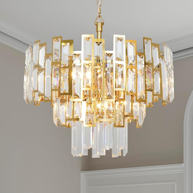 Photo 1 of Gold Crystal Chandelier Lighting for Dining Rooms Kids Bedroom Foyer Entryway Ceiling Hanging Pendant Chandelier Light Fixture Small Geometric Raindrop Lamp 18''