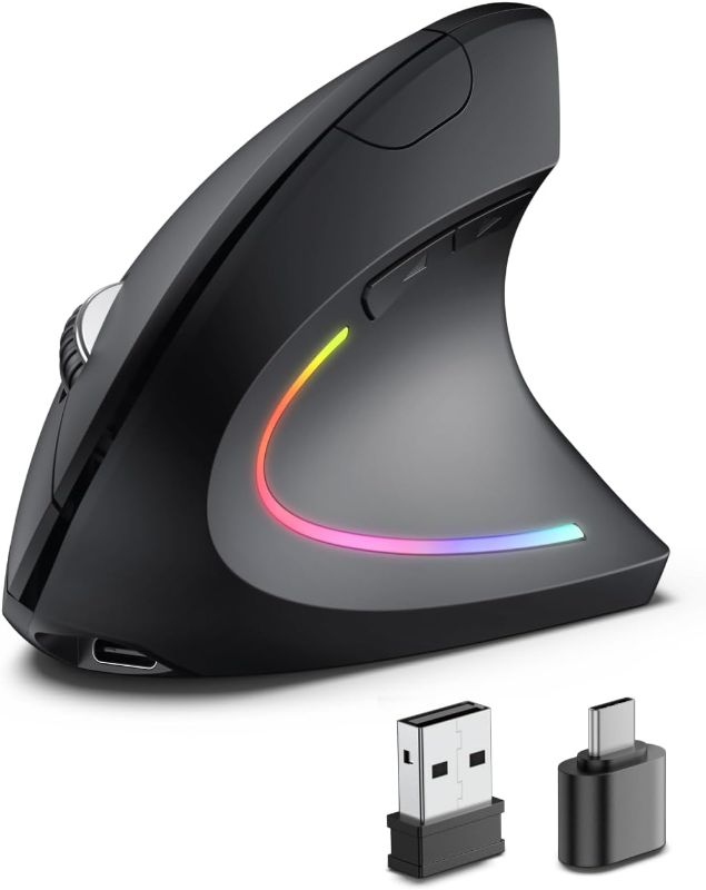 Photo 1 of Ergonomic Wireless Rechargeable Mouse, Bluetooth+USB A+Type C(3 in 1) Connection, 5 Levels Up to 4800 DPI, 6 Silent Buttons, 2.4GHz Carpal Tunnel Vertical Mice, for Laptop, Desktop,MacBook-black