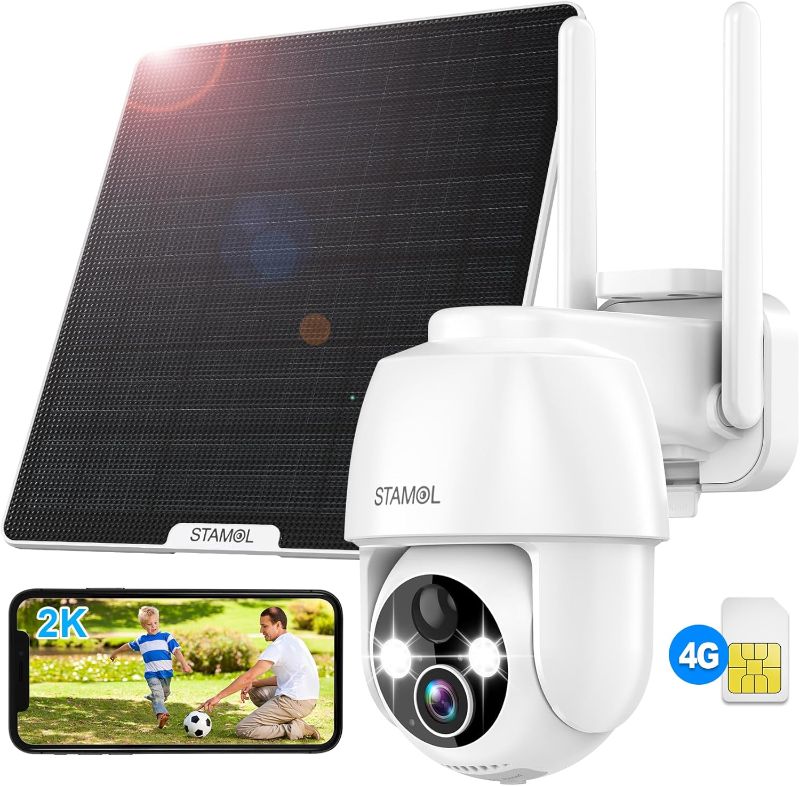 Photo 1 of 4G LTE Cellular Solar Security Camera, Wireless Outdoor Solar Powered Camera No WiFi Needed, 2K Color Night Vision, 360° Full View, PIR Motion Detection & Siren, 2 Way Talk (SIM Card Included)