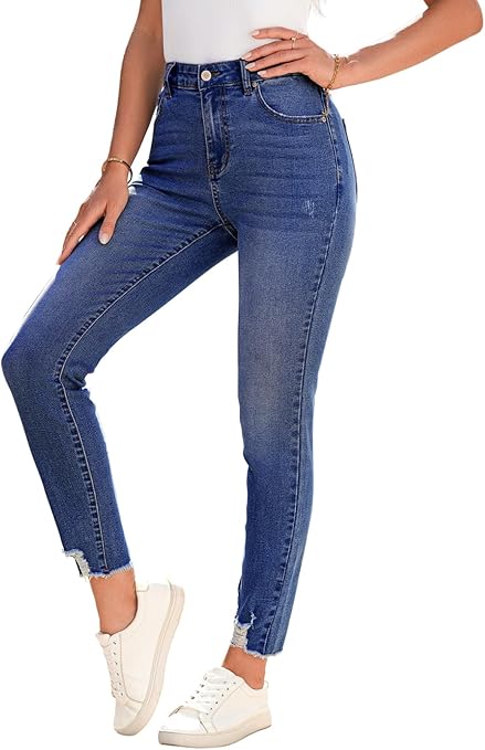 Photo 1 of SHEWIN Women's Ripped Shaping Skinny Jeans Distressed Raw Hem Stretchy Denim Pants