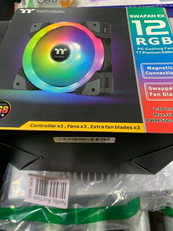 Photo 1 of Thermaltake SWAFAN EX 12 RGB PC Desktop Cooling Fan, 3 Pack, 500-2000 RPM, Magnetic Connection, Reversable Blades, Controller Included, CL-F143-PL12SW-A,Black, 120mm
