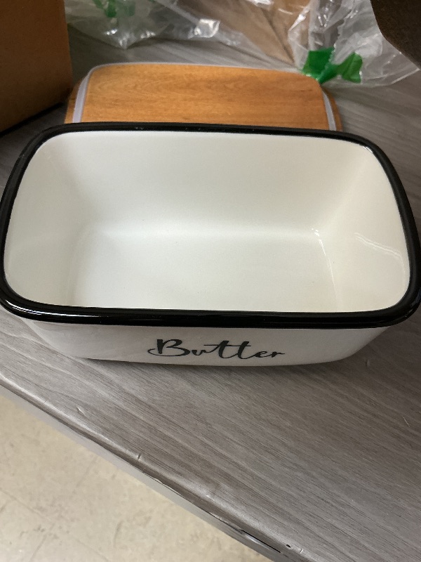 Photo 1 of Butter Dish with Lid, ALELION Large Ceramic Butter Dish for Countertop, Butter Keeper with Thick Acacia Wood Lid, Kitchen Decor and Accessories for Kitchen Gifts, White