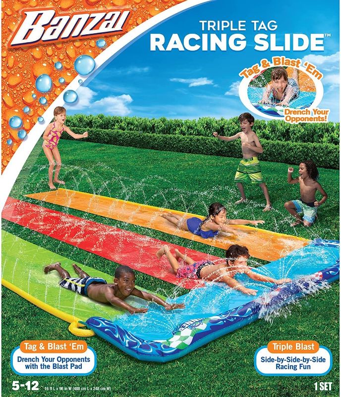 Photo 1 of BANZAI 16 Feet Triple Tag Racing Water Slide - Side-by-Side-by-Side Racing Fun!
