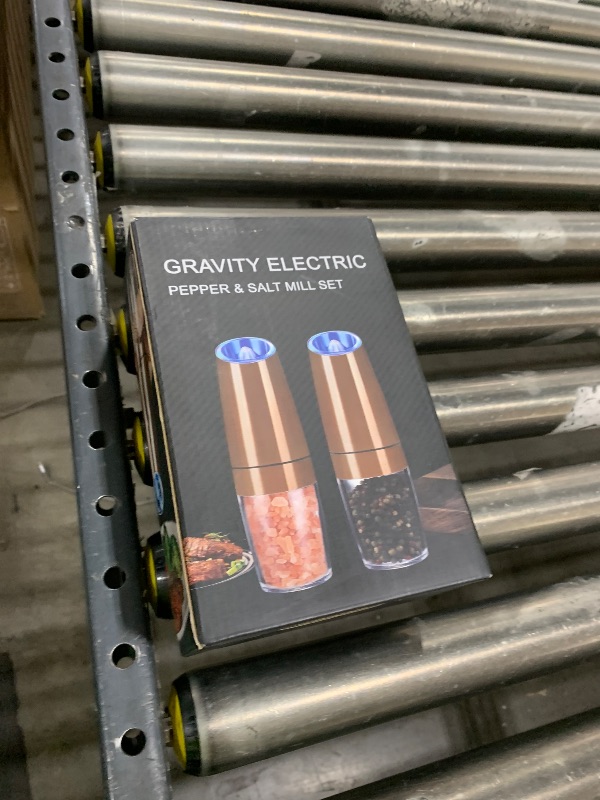 Photo 1 of Gravity Electric Pepper and Salt Grinder Set, Adjustable Coarseness, Battery Powered with LED Light, One Hand Automatic Operation, Stainless Steel Copper, 2 Pack
