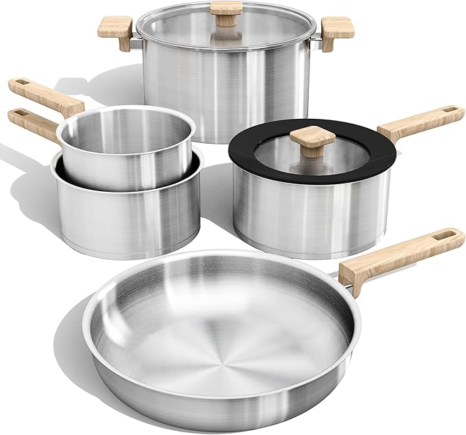 Photo 1 of CAROTE 7 Pcs Stainless Steel Cookware Set, 3-ply Base Induction Available Stainless Steel Pots and Pans Set, Tempered Glass Lids, Induction Kitchen Cookware Sets, Stay-Cool Handles
