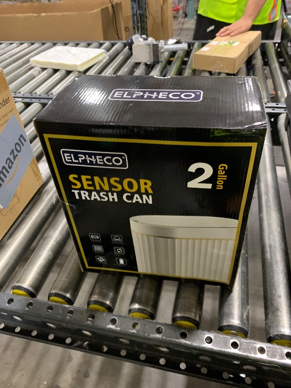 Photo 1 of ELPHECO Automatic Motion Sensor Trash Can - 2 Gallon Slimline for Bathroom, Bedroom, Kitchen, Office - White with Gold Trim
