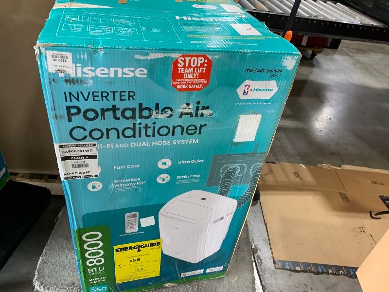 Photo 1 of Hisense 8,000 BTU Portable Air Conditioner with Dual Hose & Inverter, 350 Sq Ft, Wi-Fi, ConnectLife App for Google and Alexa, 3 operating modes, Noise 42 dB(A) - HAP0824TWD, White