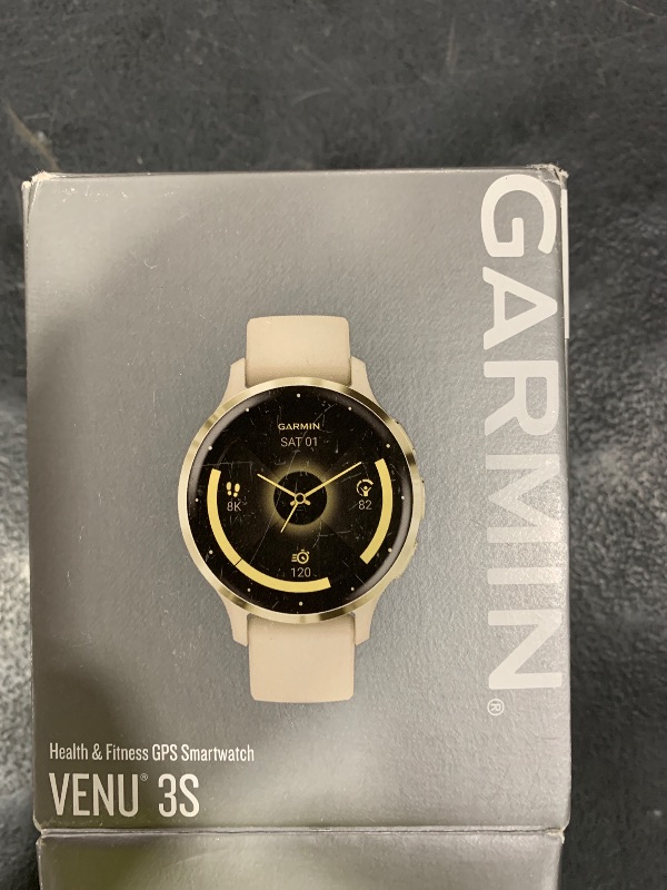 Photo 1 of Garmin Venu 3S Soft Gold Stainless Steel Bezel 1.2-Inch AMOLED Touchscreen Display Smart Watch with 41mm French Gray Case and Silicone Band
