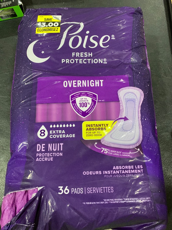 Photo 1 of Poise Overnight Incontinence & Postpartum Pads for Bladder Leaks, 8 Drop Extra Coverage, 36 Count