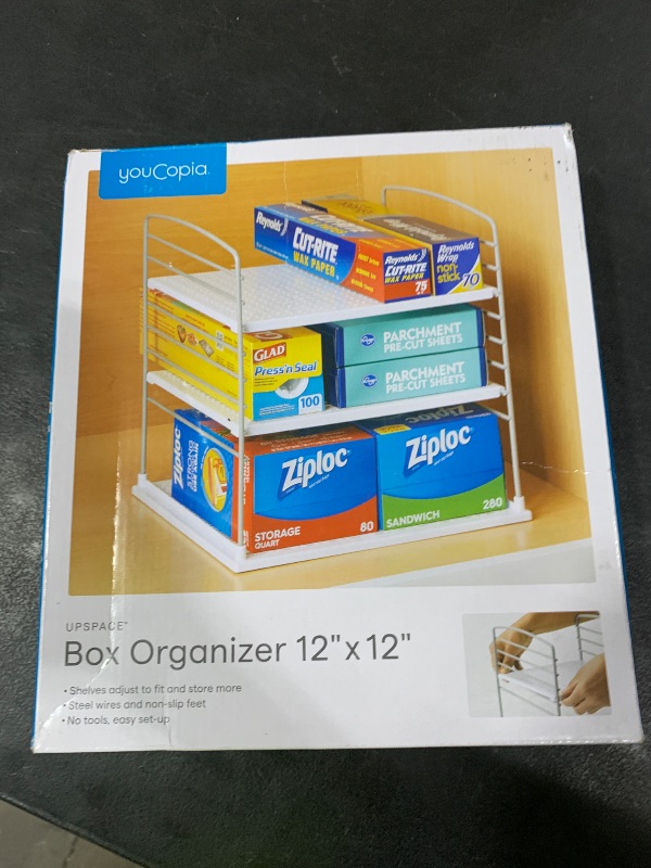 Photo 1 of YouCopia UpSpace Cabinet Box Organizer, Adjustable Kitchen and Pantry Shelf for Plastic Wrap and Foil Storage, Extra Large, White