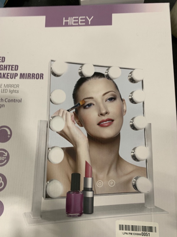 Photo 1 of HIEEY Hollywood Vanity Mirror with 12 Dimmable Bulbs Lights, Three Color Lighting Modes, and 5X Magnification, Smart Touch Control, 360°Rotation (White,Gift Box)