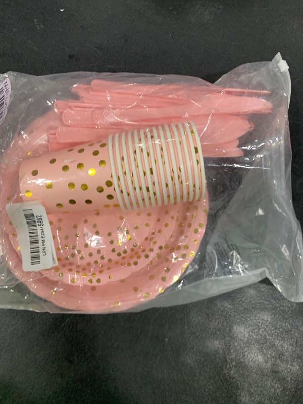 Photo 1 of 175 Pink Rose Gold Plates Napkins Party Decorations, Pink and Gold Disposable Party Supplies, Plastic Forks Knives Spoons Rose, Golden Dot Paper 9 Inch for Baby Shower Birthday, Severs 25