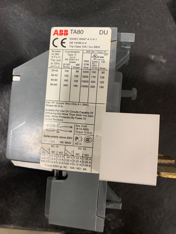 Photo 1 of TA80DU80 | 1SAZ331201R1006 | TA80DU80 | ABB 1SAZ331201R1006 Thermal Overload Relay Trip Class 10A, 60.0-80.0A
