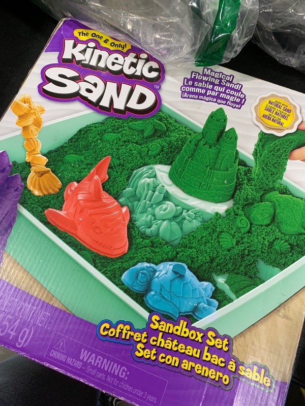 Photo 1 of Kinetic Sand, Sandbox Set with 1lb Green Play Sand, 4 Tools & Molds, Storage, Sensory Toys for Kids Ages 3 and up
