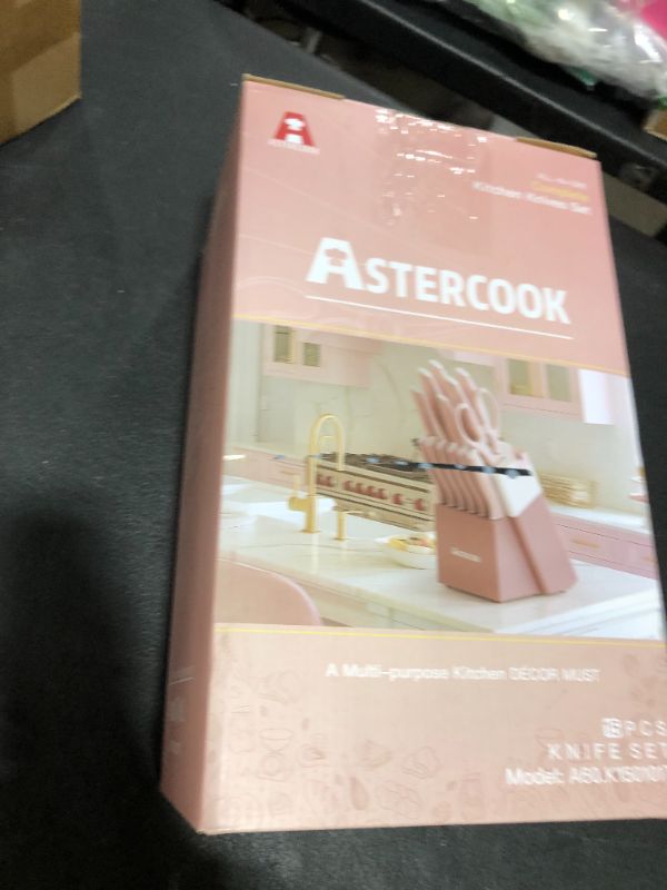 Photo 1 of Astercook Knife Set, Kitchen Knives Set with Block and Sharpener Ceramic Coating 15 Pcs German Stainless Steel Knives Sharp Blade Dishwasher Safe Knife Block Set with Ergonomic Handle, Crystal Pink