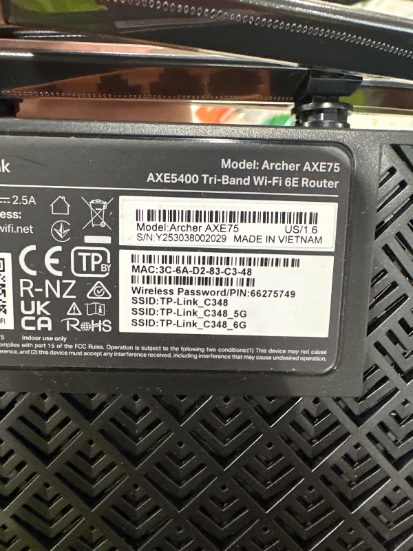 Photo 1 of TP-Link AXE5400 Tri-Band WiFi 6E Router (Archer AXE75)- Gigabit Wireless Internet for Gaming, VPN, OneMesh, WPA3