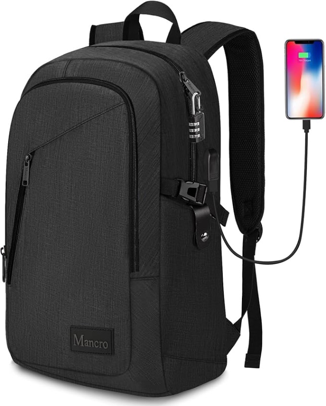 Photo 1 of Mancro Business Travel Laptop Backpack, Anti Theft Slim Laptop Bag with USB Charging Port for Men and Women, Water Resistant Computer Bag Fits 15.6 Inch Laptop and Notebook (Black)