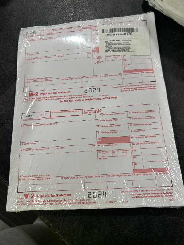 Photo 1 of W2 Forms 2024 Complete Laser W-2 Tax Forms and W-3 Transmittal - Kit for 10 Employees 6-Part W-2 Forms with 10 Self-Seal Envelopes in Value Pack | W-2 Forms 2024