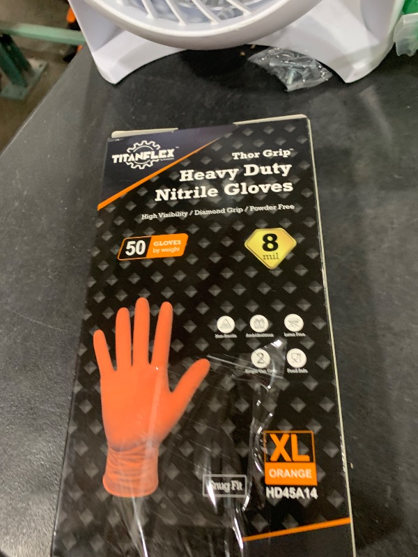 Photo 1 of TitanFlex ThorGrip Heavy Duty Industrial Orange Nitrile Gloves, 8-mil, Gloves Disposable Latex Free with Raised Diamond Texture Grip, Powder Free, Rubber Gloves, Mechanic Gloves,50-ct Box (XL)