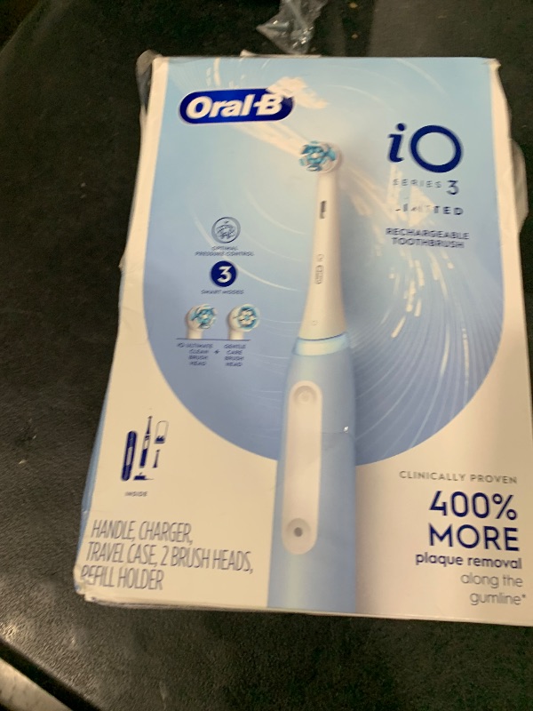 Photo 1 of Oral-B iO Deep Clean Rechargeable Electric Powered Toothbrush, Icy Blue with iO Series 3 Limited, 2 Brush Heads and Travel Case - Pressure Sensor to Protect Gums - 3 Cleaning Settings - 2 Minute Timer