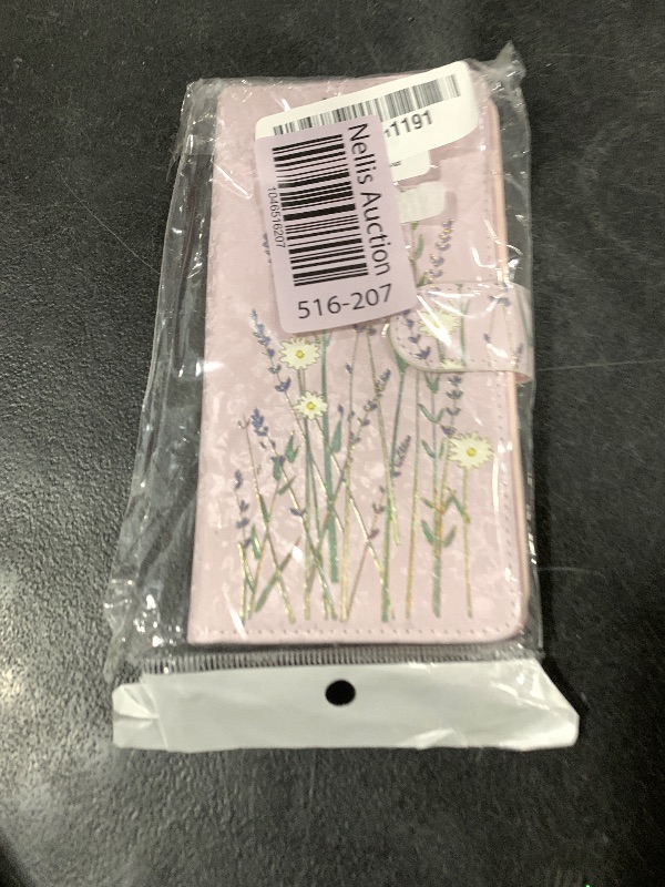 Photo 1 of UEEBAI Wallet Case for iPhone 14 Plus/15 Plus, PU Leather Phone Case Kickstand RFID Blocking Flip Case Card Slots Wrist Strap Relief Engraved Pattern Magnetic Closure Flower Folio Case, Lavender