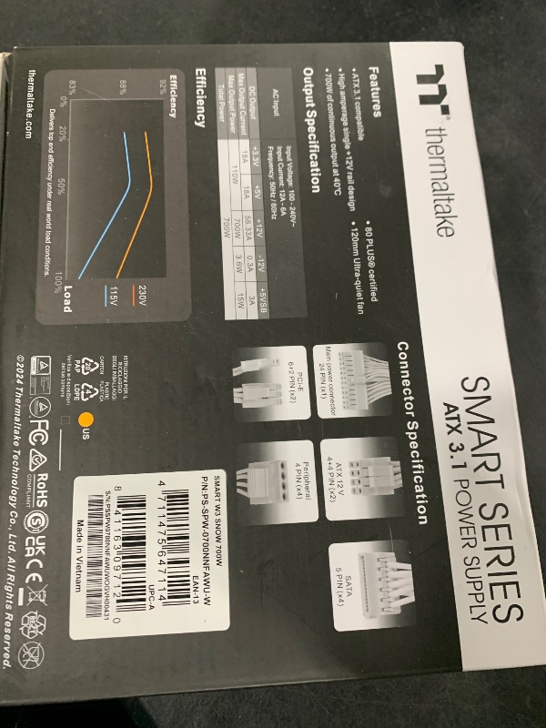 Photo 1 of Smart W3 Series Snow Edition 80Plus Certified 700W Power Supply; ATX v3.1 Spec; 120mm FDB Fan; PS-SPW-0700NNFAWU-W; 5 Year Warranty