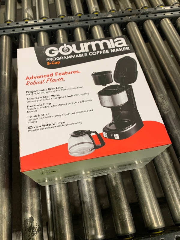 Photo 1 of MISSING FILTER BASKET ------------------------------Gourmia GCM3518 5-Cup Programmable Drip Coffee Maker, Brew Later Timer, Adjustable 4-Hr Keep Warm, Pause & Serve, Freshness Timer, 700 W Compact Glass Carafe, EZ-View Water Window