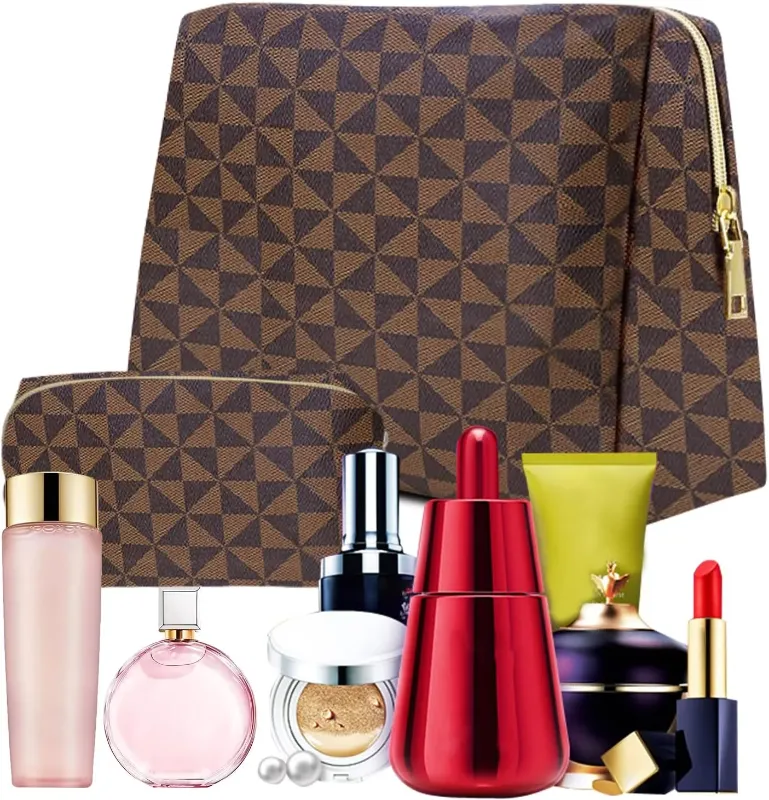 Photo 1 of BAGCRAZY Makeup Bag, Cosmetic Bag, Portable Leather Large Checkered Makeup Bag, 2 Pack Large Capacity Travel Cosmetic Bag for Women, Lightweight Design and Waterproof Toiletries Bag Christmas Gifts