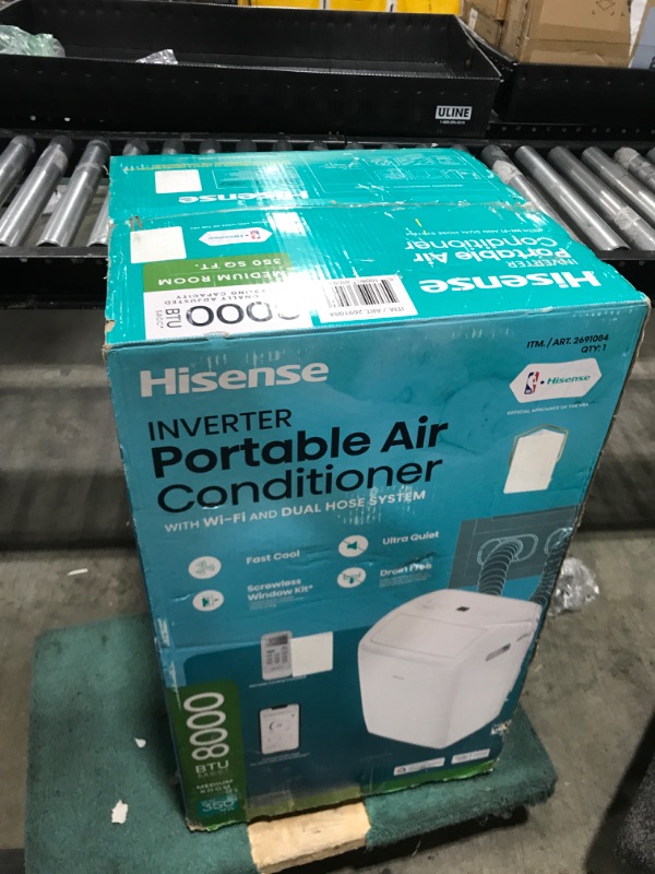 Photo 1 of Hisense 8,000 BTU Portable Air Conditioner with Dual Hose & Inverter, 350 Sq Ft, Wi-Fi, ConnectLife App for Google and Alexa, 3 operating modes, Noise 42 dB(A) - HAP0824TWD, White