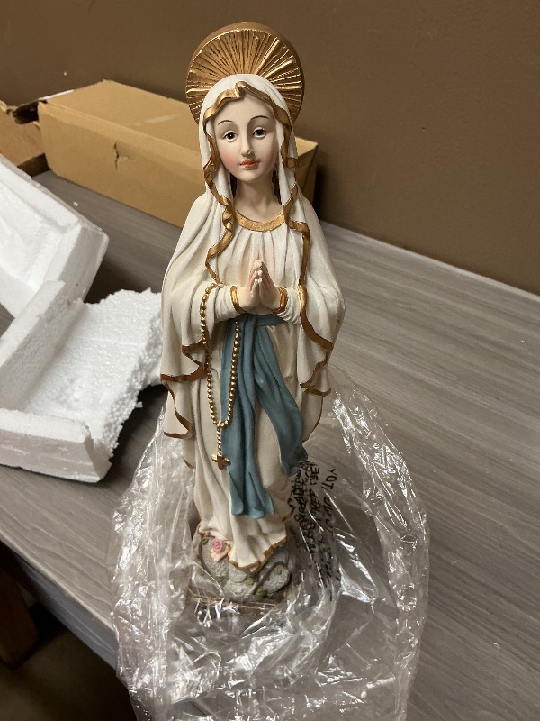 Photo 1 of 15" H Our Lady of Lourdes Statue - Praying Virgin Mary Statue Outdoor and Indoor, Resin Blessed Mother Figurine on a Stone Pedestal, Collection Religious Statues, Catholic Gifts for Mom, Grandmother