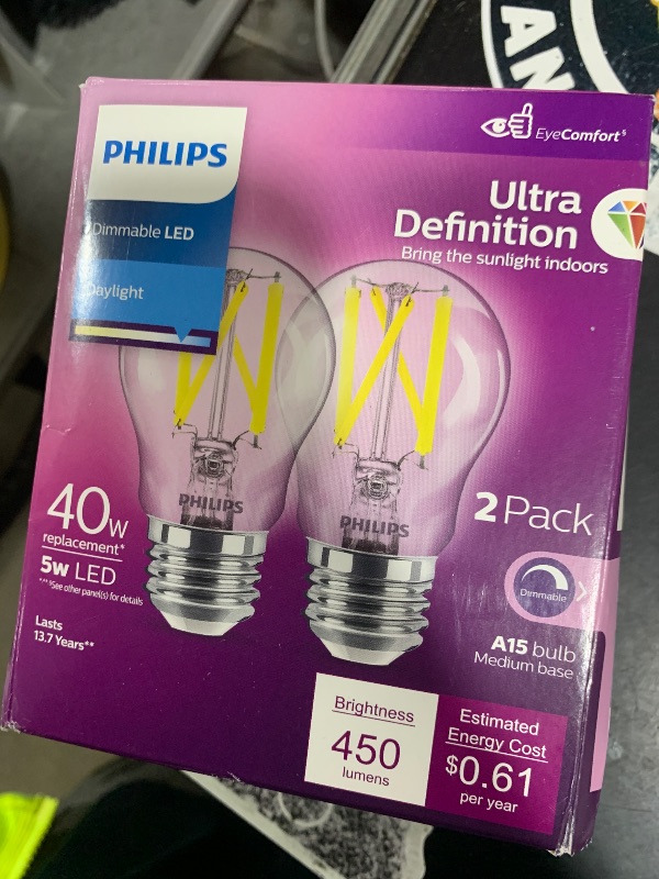 Photo 1 of Philips LED 40W A15 2-Pack Ultra Definition Daylight (5000K) 450 Lumen (5W = 40W) Dimmable Clear Flicker-Free Light Bulbs