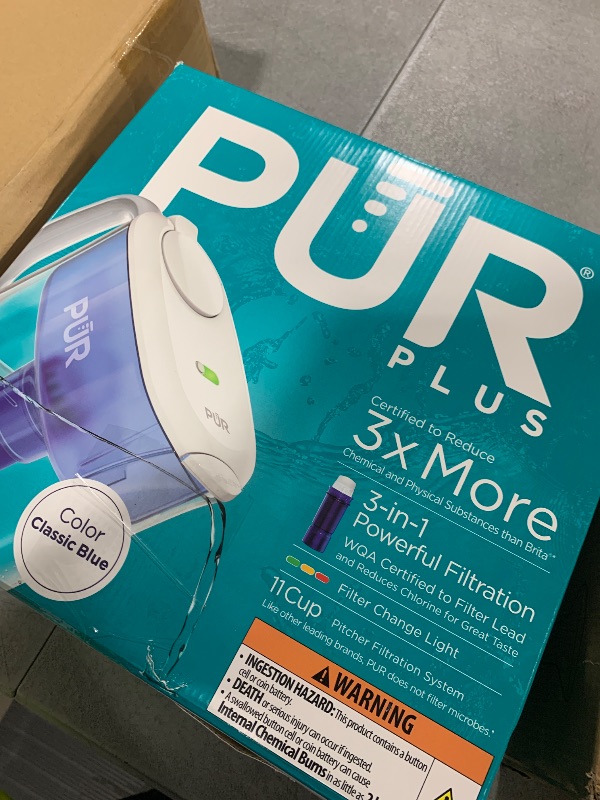 Photo 1 of PUR Plus 11-Cup Water Pitcher, 1 Lead-Reducing Filter, Cleaner, Great-tasting Water, Dishwasher Safe, Powerful Filtration, Filter Change Light Indicator, LockFit Cap Design - White
