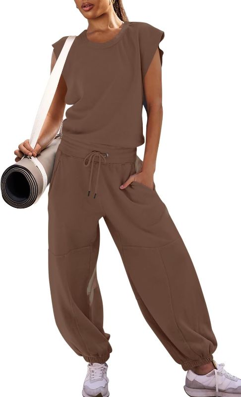 Photo 1 of LAMISSCHE Womens Oversized Wide Leg Jumpsuit with Pockets Elastic Waist Workout Onesie Romper Open Back Outfits(Brown,M)
