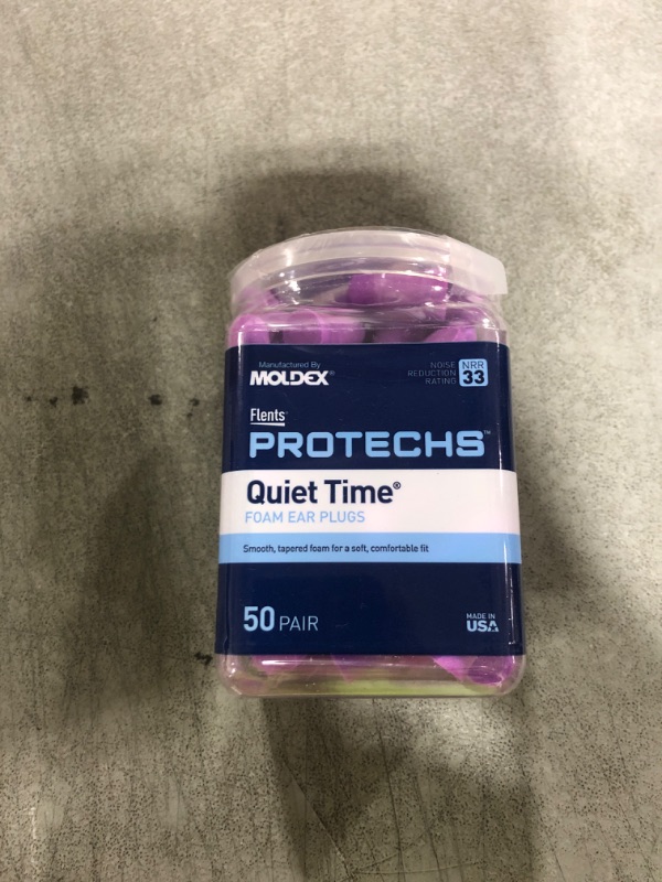 Photo 1 of Flents Protechs Foam Ear Plugs, 50 Pair for Sleeping, Snoring, Loud Noise, Traveling, Concerts, Construction, Studying, Work, Shooting, NRR 33, Noise Cancelling, Disposable, Purple, Made in the USA