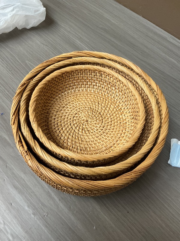 Photo 1 of CLAYNIX Woven Fruit Basket For Holder Bowl Decorative Bread Vegetable, Serving Bowl Set of 3 For Organizing Kitchen Natural Rattan Picnic Basket Round Stackable (Natural)