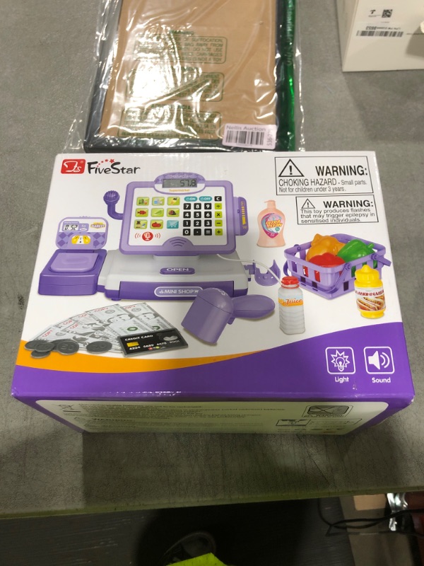 Photo 1 of FS Pretend Play Cash Register Toy Preschool Gift for Kids, Classic Count Toy with Sound, Microphone, Scanner, Credit Card, Play Food for Boys & Girls, 57 Pieces Play Set, Ages 3 4 5 6 7, Purple