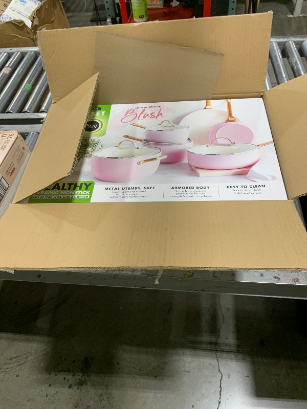 Photo 1 of GreenPan Hard Anodized Healthy Ceramic Nonstick 10 Piece Cookware Pots and Pans Set, Gold Handle, PFAS-Free, Dishwasher Safe, Oven Safe, Blush Pink