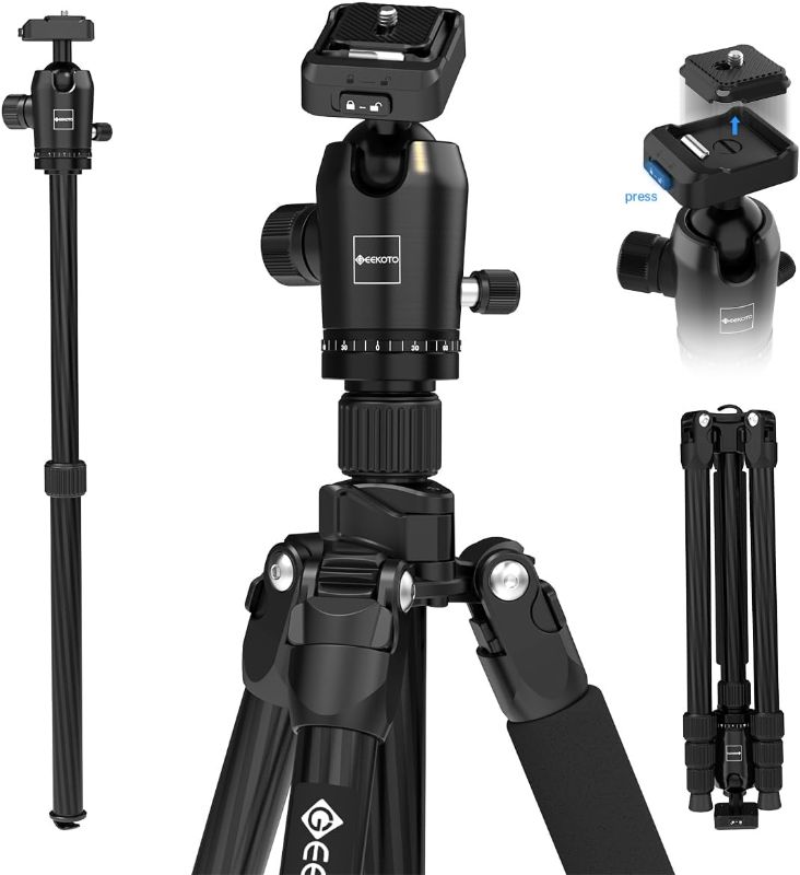 Photo 1 of GEEKOTO 65" Carbon Fiber Camera Tripod,Heavy Duty Tripod with 360° Ball Head, 1/4" Quick Release Plate, Supports 26.5 lbs, Converts to Monopod
