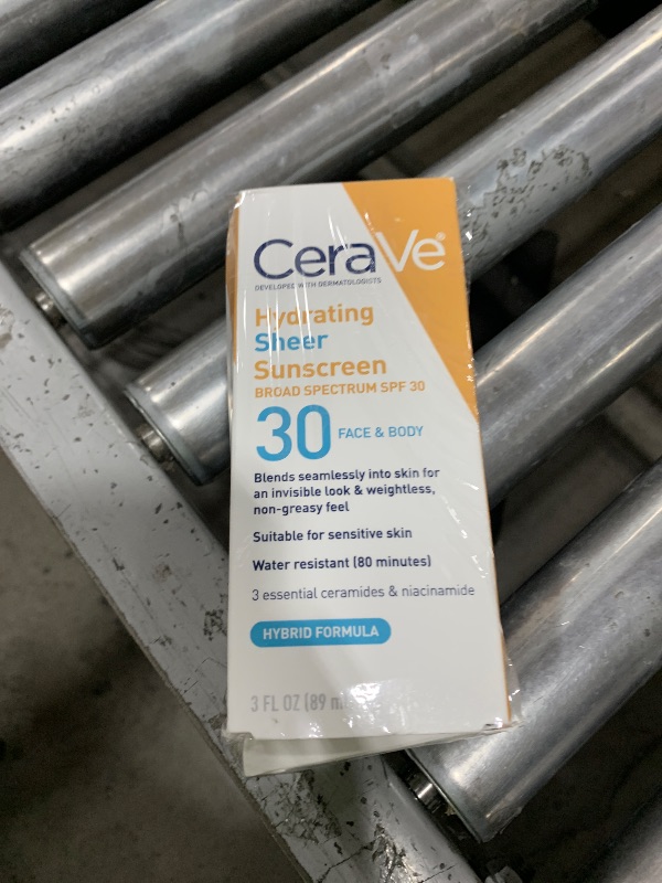 Photo 1 of CeraVe Hydrating Sheer Sunscreen with SPF 30 for Face and Body, Mineral & Chemical Sunscreen for Men & Women with Zinc Oxide, Hyaluronic Acid and Ceramides, Paraben-Free + Fragrance-Free, 3 Ounces