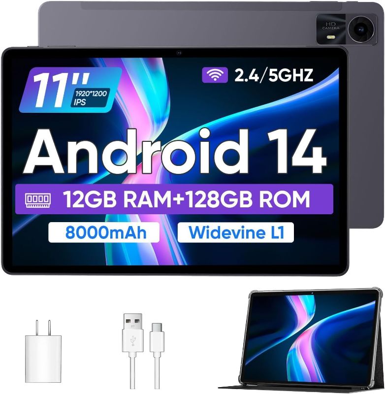 Photo 1 of Tablets 11 inch Android 14 Tablet with Case, Octa-core 12GB RAM+128GB ROM,8000mAh Tablet with Dual Band WiFi/BT 5.0/GPS/PD Fast Charge/FM Radio - Black
