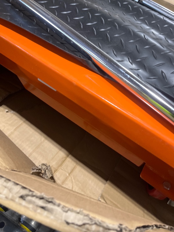 Photo 1 of VEVOR Hydraulic Lift Table Cart, 330lbs Load Capacity 50 Inch Lifting Height, Manual Single Scissor Lift Table with Non-Slip Pad and 4 Wheels, Hydraulic Scissor Cart for Material Handling, Orange