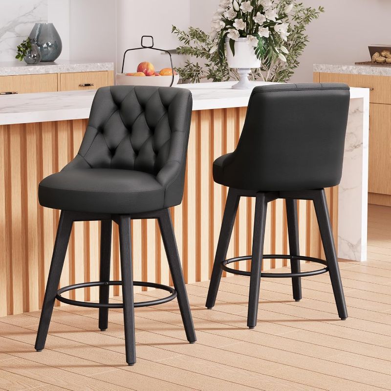 Photo 1 of Swivel Bar Stools Set of 2, Counter Height Faux Leather Bar Stools with Back and Solid Wood Legs, Upholstered Modern Counter Stools for Kitchen Island, 26" H Seat Height, Retro Black
