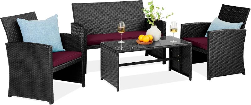 Photo 1 of Best Choice Products 4-Piece Outdoor Wicker Patio Conversation Furniture Set for Backyard w/Coffee Table, Seat Cushions - Black/Deep Burgundy
