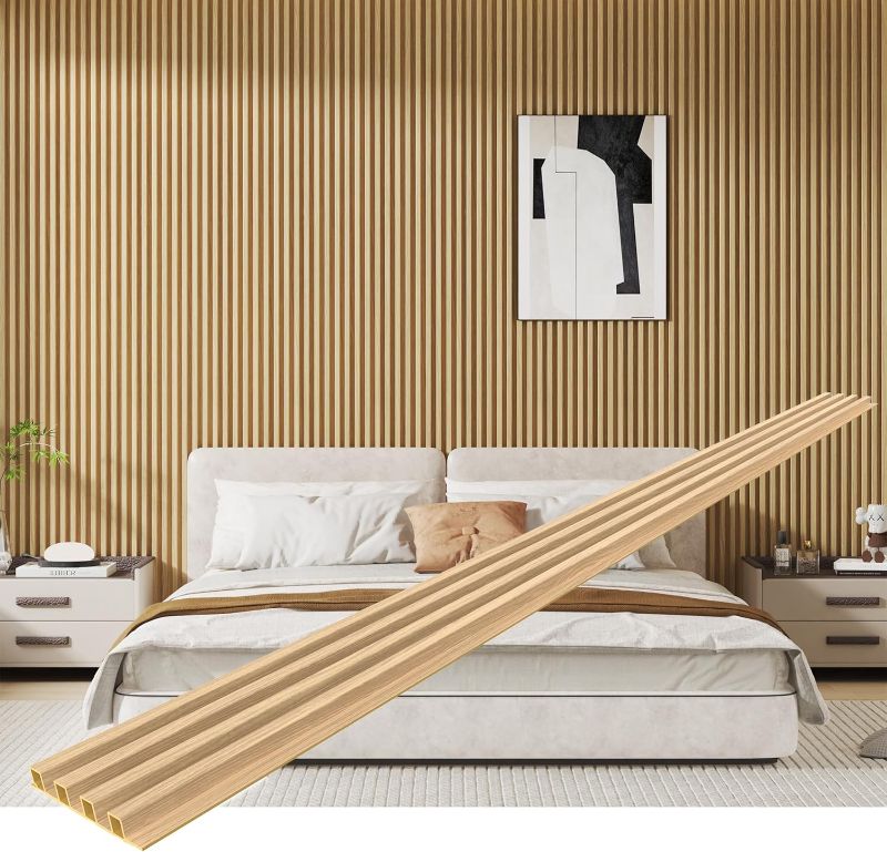 Photo 1 of 8-Pack WPC Slat Wall Panels, 96 x 6.6 in Decorative Acoustic Slats 3D Wall Panels, Water-Proof and Easy Installation, Teak